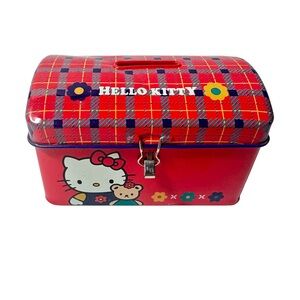 Vintage Sanrio 1995 Hello Kitty Coin Bank Tin Box Plaid Teddy Bear Flower Red 90